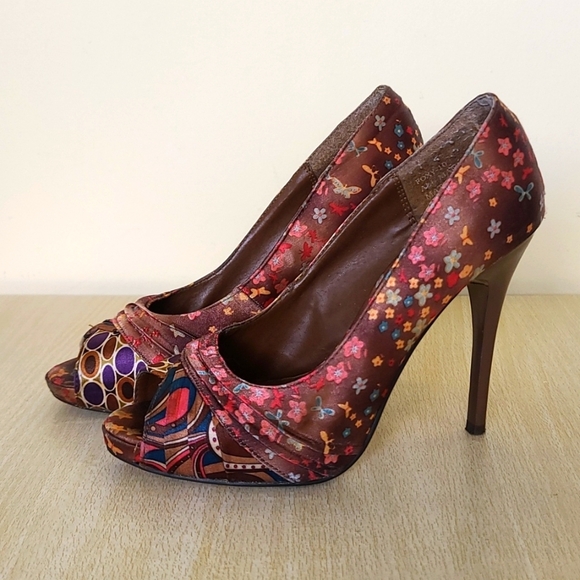 Anne Michelle Brown Floral Open Toe Shoes High Heels Size 5/5 - Picture 1 of 5
